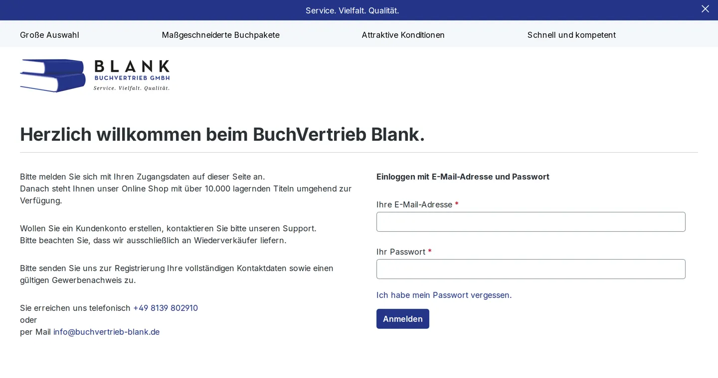 Login-Seite des B2B-Shops von BuchVertrieb Blank