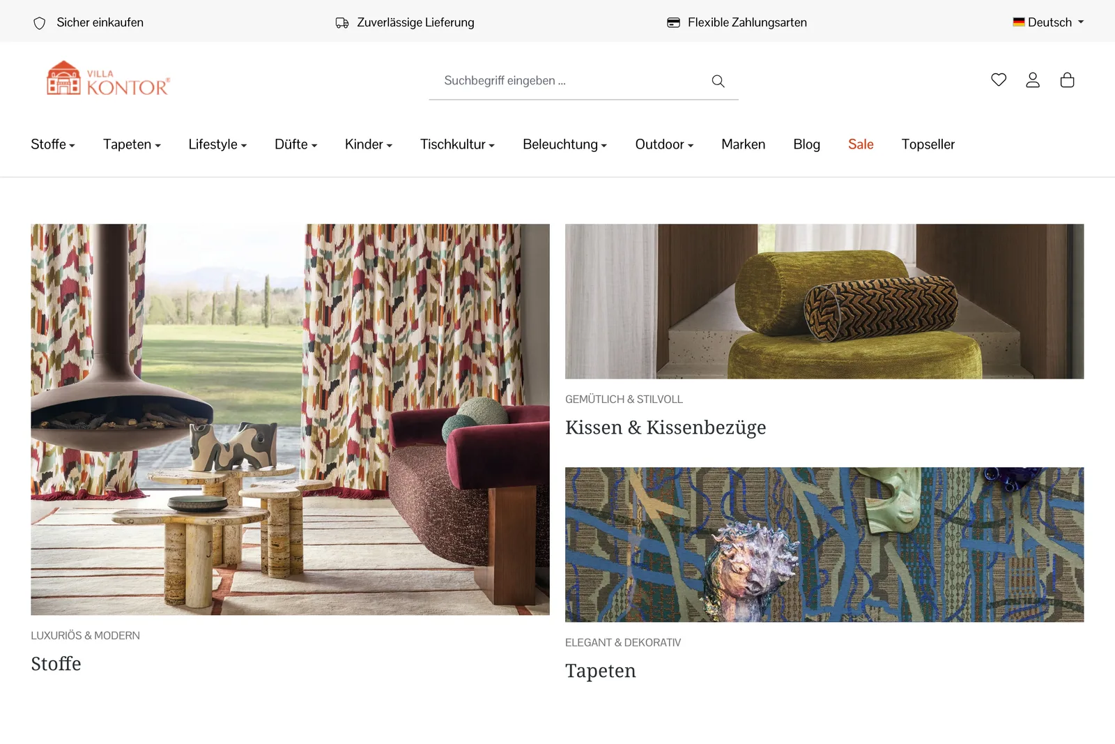 Startseite des Onlineshops von Villa Kontor: Kategorien für Stoffe, Tapeten, Lifestyle, Düfte, Tischkultur, Beleuchtung und Outdoor